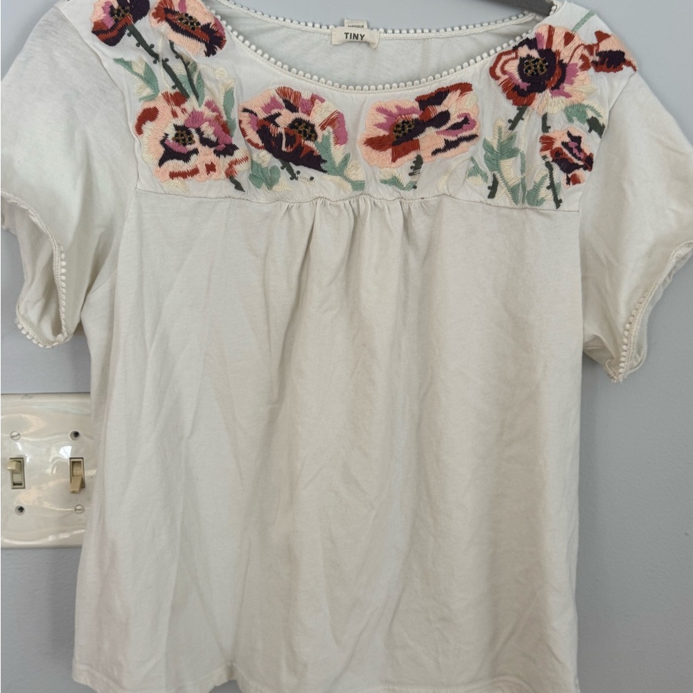 Anthropologie Floral Embroidered Blouse - Cream and Pink